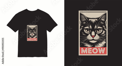 Vintage style black cat portrait with meow text, retro poster design