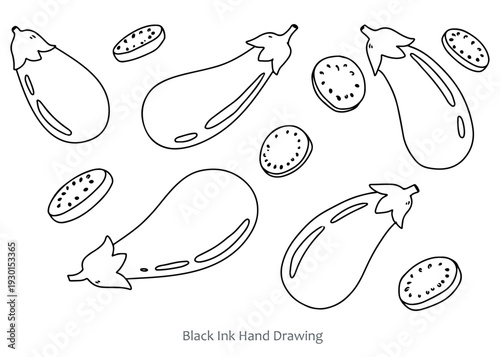 Black ink hand drawing of whole and sliced eggplants.