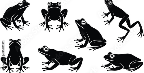 Black frog silhouettes set in various poses amphibian animal vector illustration isolated on white background for design