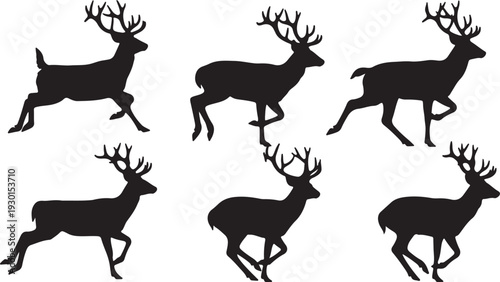 Six black deer silhouette running on white background with antlers