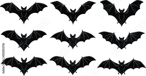 Flying bat silhouette set spooky Halloween animal vector isolated on white background