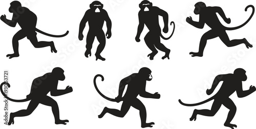 Collection of various monkey silhouettes in different poses and movements showcasing their agility and playfulness in a silhouette