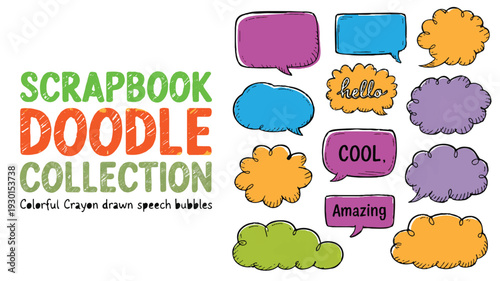 Vibrant Hand-Drawn Crayon Speech Bubbles Collection for Creative Scrapbook and Doodle Designs