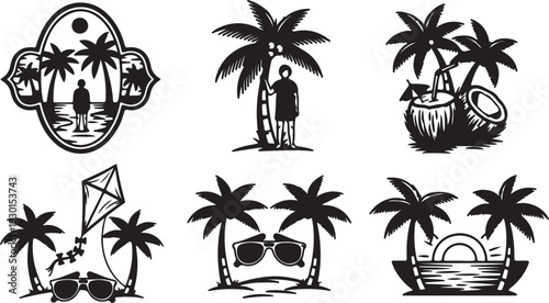 Tropical vacation silhouette illustrations featuring palm trees and beach items in black and white