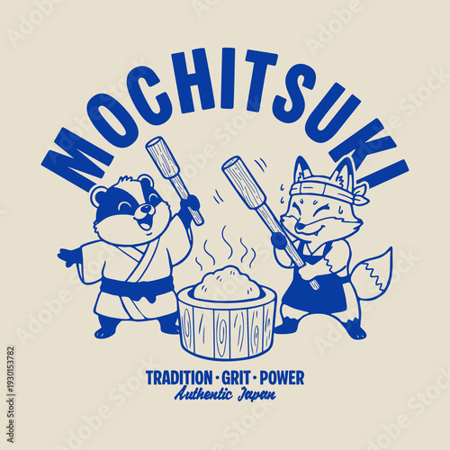 Minimalist vector illustration inspired by Japanese culture, featuring cute animal mascots pounding mochi in a traditional Mochitsuki scene.