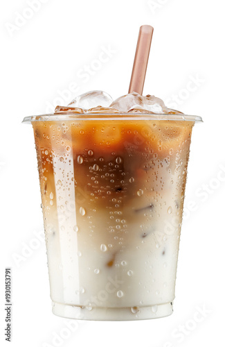 Iced latte with milk in fogged disposable plastic cup with straw isolated on transparent background
