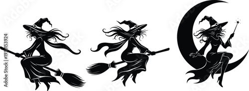 Flying witch silhouette set on broomstick with crescent moon Halloween spooky vector collection