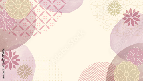 落ち着いたくすみピンクがメインカラーの和モダンなデザインの水彩と和柄モチーフの4:5背景素材	