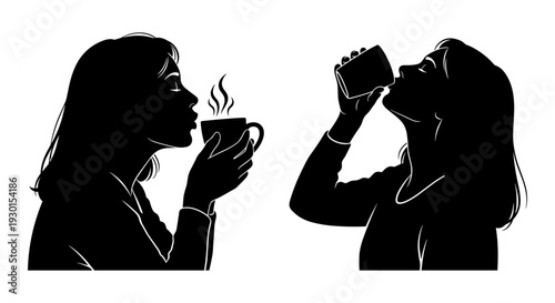 Two silhouettes sharing a moment over a steaming beverage together. Vector, illustration