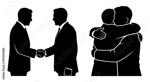 Two contrasting business interactions: handshake and group embrace. Vector, illustration