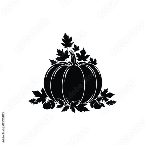 Black pumpkin icon with autumn leaves and acorns on white background