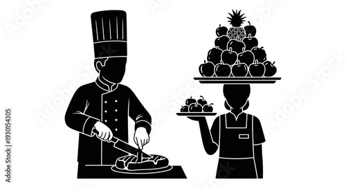 Chef and server preparing a fruit dessert platter together in kitchen Vector, illustration