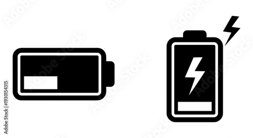 Comparison of a low battery icon and a fully charged battery symbol with lightning bolt Vector, illustration