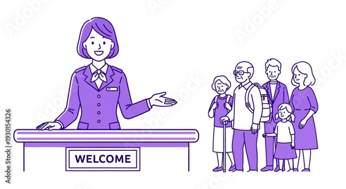 Receptionist greeting visitors at front desk.