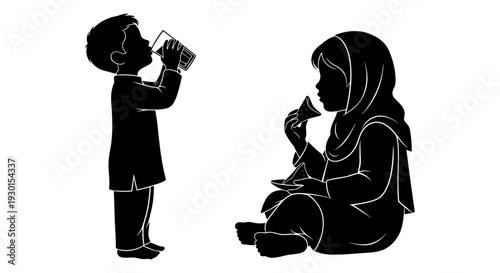 A young boy offering food to a seated woman in traditional attire Vector, illustration