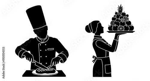 Chef and server preparing a gourmet dessert presentation together in a kitchen Vector, illustration