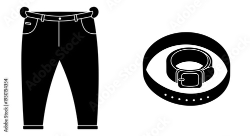 Black pants and belt with buckle displayed side by side for fashion reference. Vector, illustration