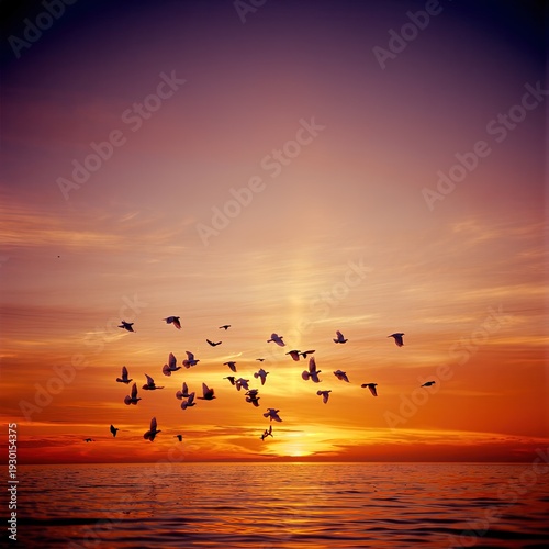 Wallpaper Mural Flock of birds flying over serene ocean at vibrant sunset Torontodigital.ca