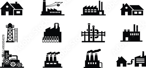 ndustrial building silhouettes, factory icons, power plant illustration, oil rig design, infrastructure collection, urban structures, construction concept, energy facility, housing figure