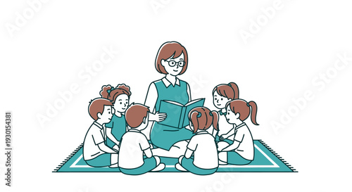 Woman reading to young children sitting.