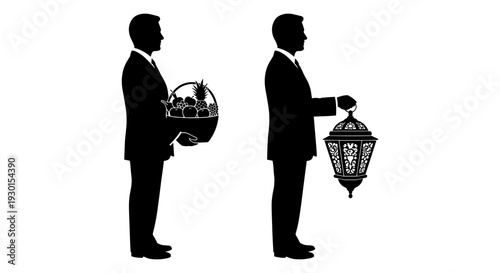Two men exchanging gifts in a formal setting with a basket and lantern Vector, illustration