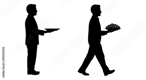 Two waiters carrying trays in different styles of movement Vector, illustration