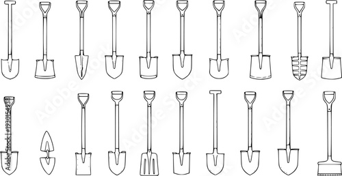 Collection of 20 diverse shovel and spade types, presented as black and white line art illustrations, suitable for gardening, digging, and construction concepts.