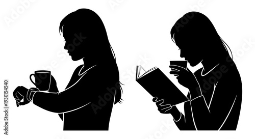 Two individuals enjoying quiet moments with beverages and reading materials in silhouette. Vector, illustration