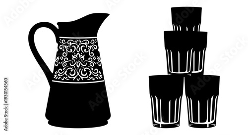 Elegant pitcher with matching glassware set on a table Vector, illustration