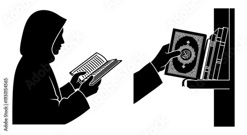 Silhouette of a person reading a book while a holographic display shows digital content Vector, illustration