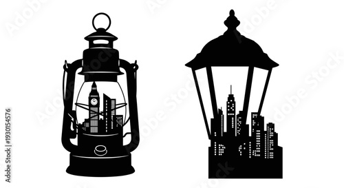 Vintage lanterns with silhouettes of iconic city skylines in black and white contrast Vector, illustration