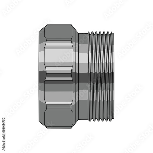 Metallic plumbing cap with threaded design isolated on white background, featuring detailed grooves and hexagonal shape