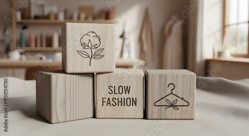 Wallpaper Mural Recycled Wood Cubes with Cotton, Slow Fashion, and Eco Clothing Icons on Soft Linen Fabric Background Torontodigital.ca