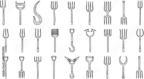 A comprehensive collection of diverse and unique hand-drawn fork designs, featuring various kitchen utensils, gardening tools, and unconventional implements in black and white outline.