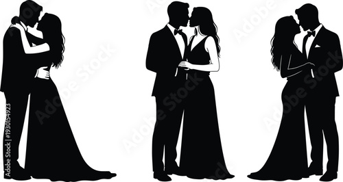 Black vector silhouette set of romantic couples in formal wear kissing and embracing for wedding invitations engagement celebrations and branding