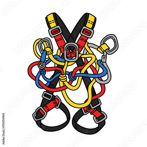 Vibrant fall protection harness with colorful ropes and carabiners, isolated on a white background, showcasing detailed safety design