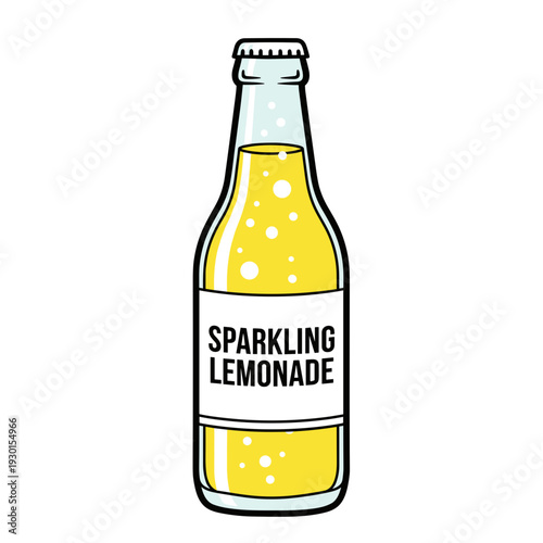 Illustration of a sparkling lemonade bottle with bubbles, isolated on a white background, featuring a minimalist and vibrant design