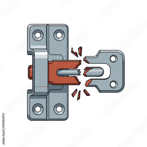 Illustration of a snapped latch with broken pieces, isolated on a white background, showcasing detailed metal components and realistic shading