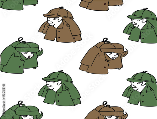 Seamless Pattern with Vintage Detective Character in Trench Coat and Hat Cartoon Style Vector Illustration