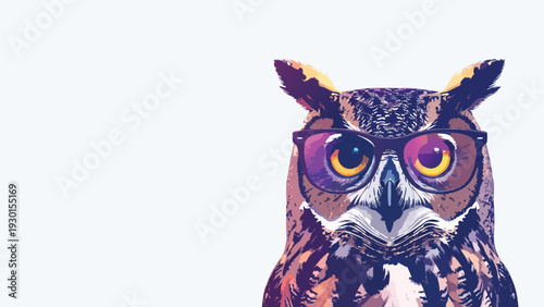 Cool owl wearing stylish sunglasses vector illustration, colorful modern wildlife portrait with vibrant reflective lenses, trendy smart bird isolated on light background.