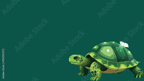 Cute green turtle vector illustration on dark green background, detailed cartoon tortoise character design, isolated reptile graphic for nature themes, wildlife art and mascot branding.