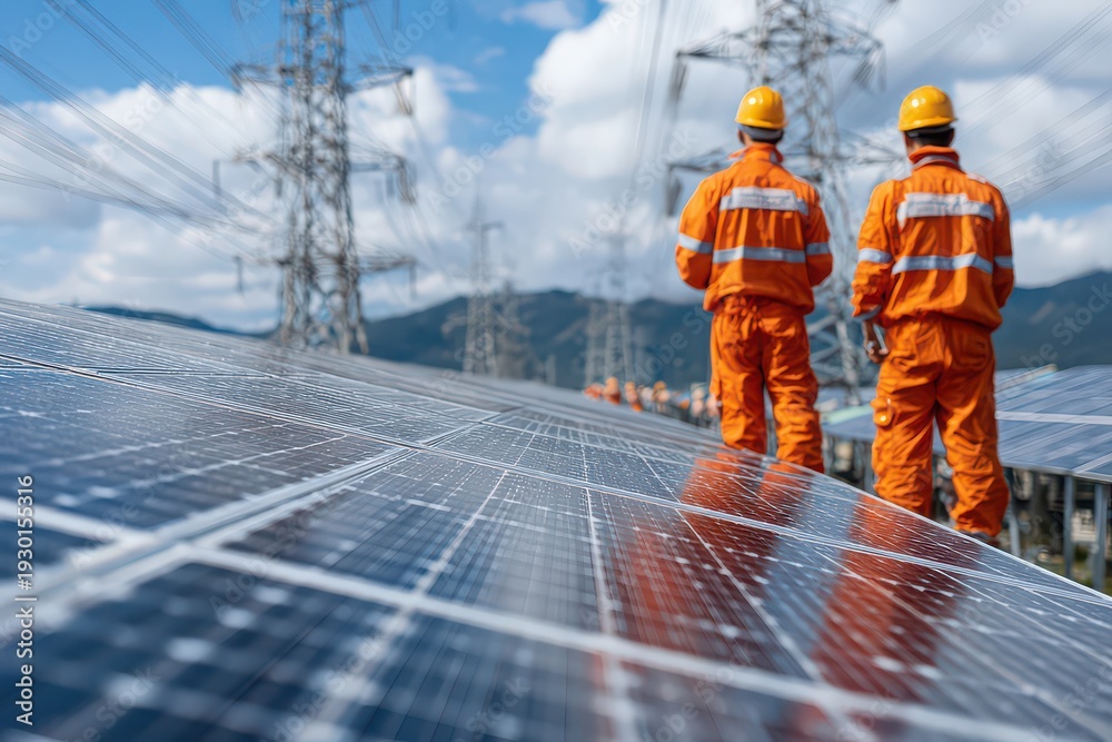 Naklejka premium Engineers working in solar cell farm with industrial background for renewable energy concept.