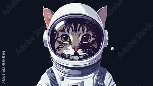 Adorable astronaut cat in space helmet vector illustration, futuristic feline explorer portrait in spacesuit isolated on dark background, sci fi cosmic kitty design.