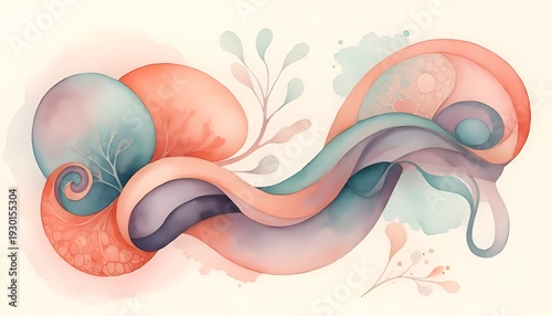 Abstract fluid watercolor painting with flowing shapes and organic forms in pastel tones
