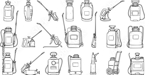 Hand-drawn collection of garden and agricultural sprayers, including pump, trigger, backpack, and wheeled types. Outline vector illustration set for pesticide, herbicide, and plant care tools.