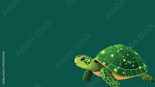 Green sea turtle vector illustration with glowing shell details on dark green background, realistic cartoon reptile design, aquatic wildlife animal artwork for nature themes.