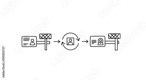 Illustration of a digital identity verification process with two ID cards and a circular arrow icon.