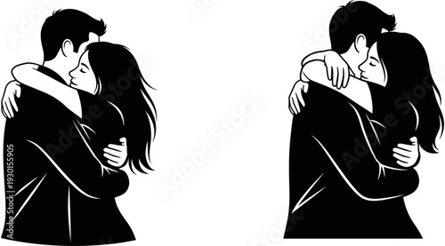 Romantic couple silhouette hugging and embracing with love and passion in a black and white vector illustration for Valentines Day wedding cards.