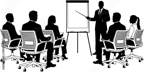 Professional business meeting silhouette presenting project on flip chart to diverse team sitting in office chairs during corporate workshop training session seminar