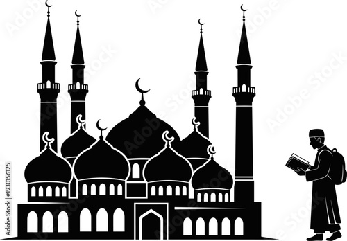 Islamic mosque silhouette vector with muslim student man reading holy book quran for ramadan kareem and eid mubarak celebration greeting card.